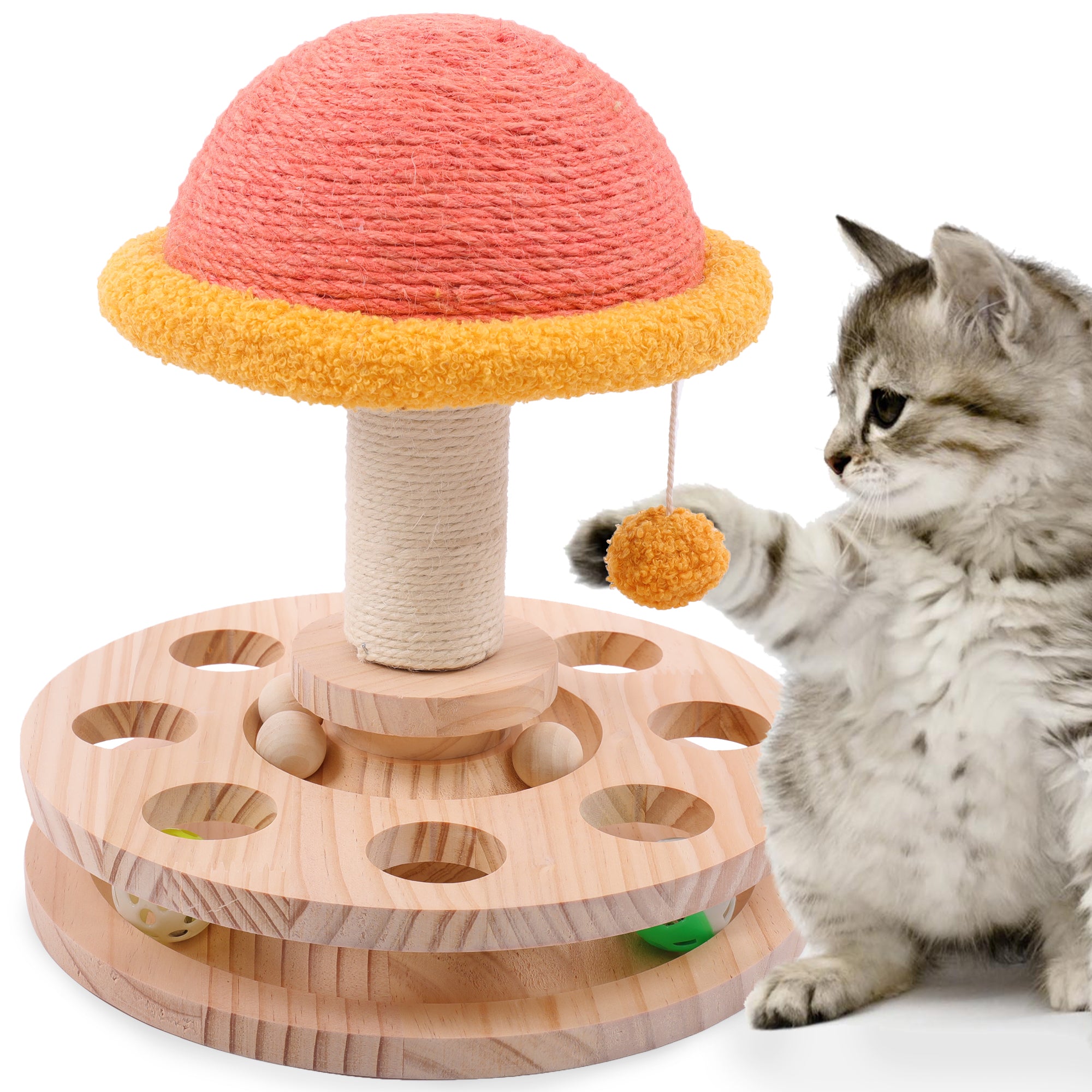 DENTRUN Cat Toy Roller， Interactive Cat Turntable Ball Track with Scratching Post Dangling Ball， Wood Maze Play Toy Ball for Indoor Cats Kittens