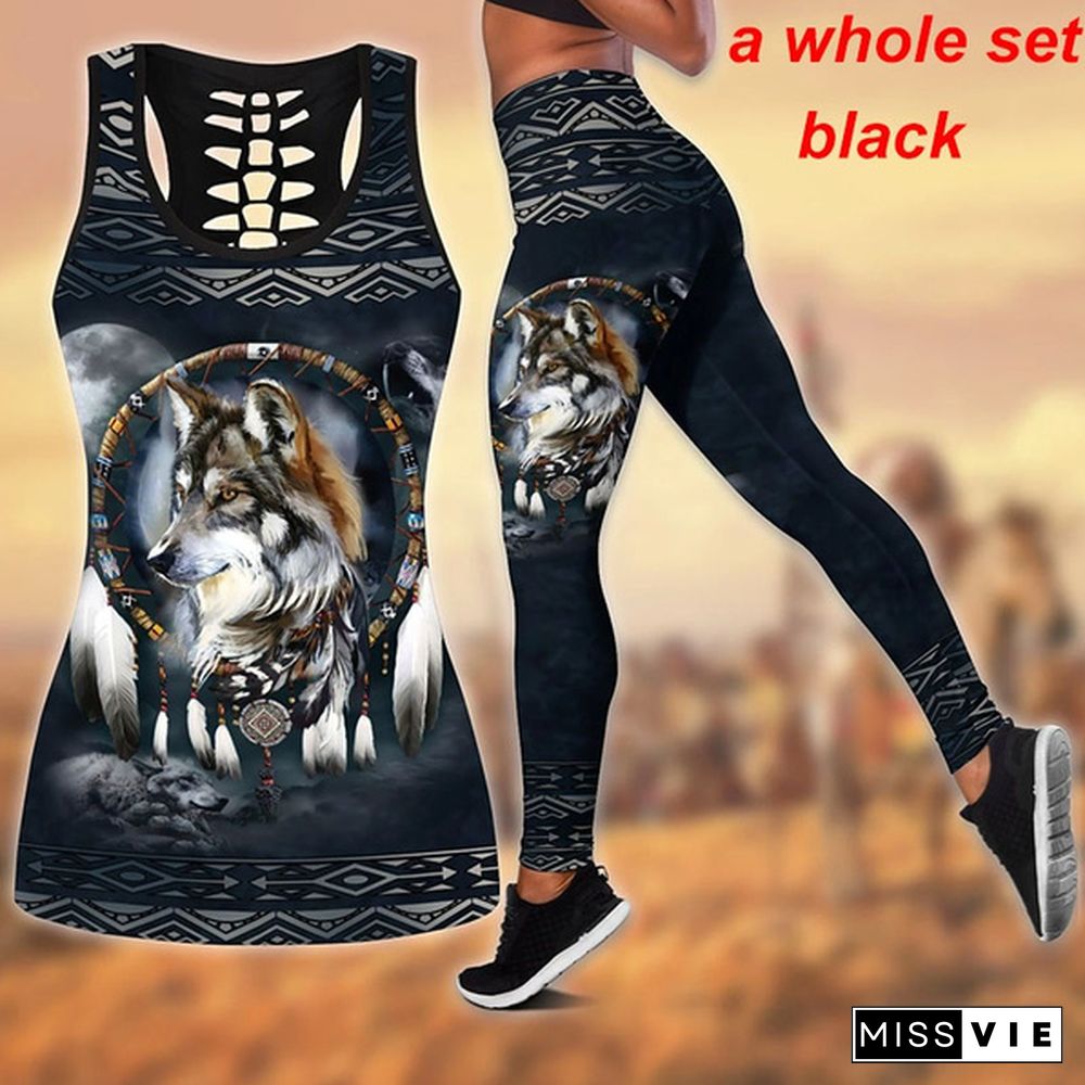 Women Wolf Native American 3D All Over Printed Legging + Hollow Tank Sleeveless Shirt Summer Vest for Women Plus Size Yoga Tank Tops Leggings Suit