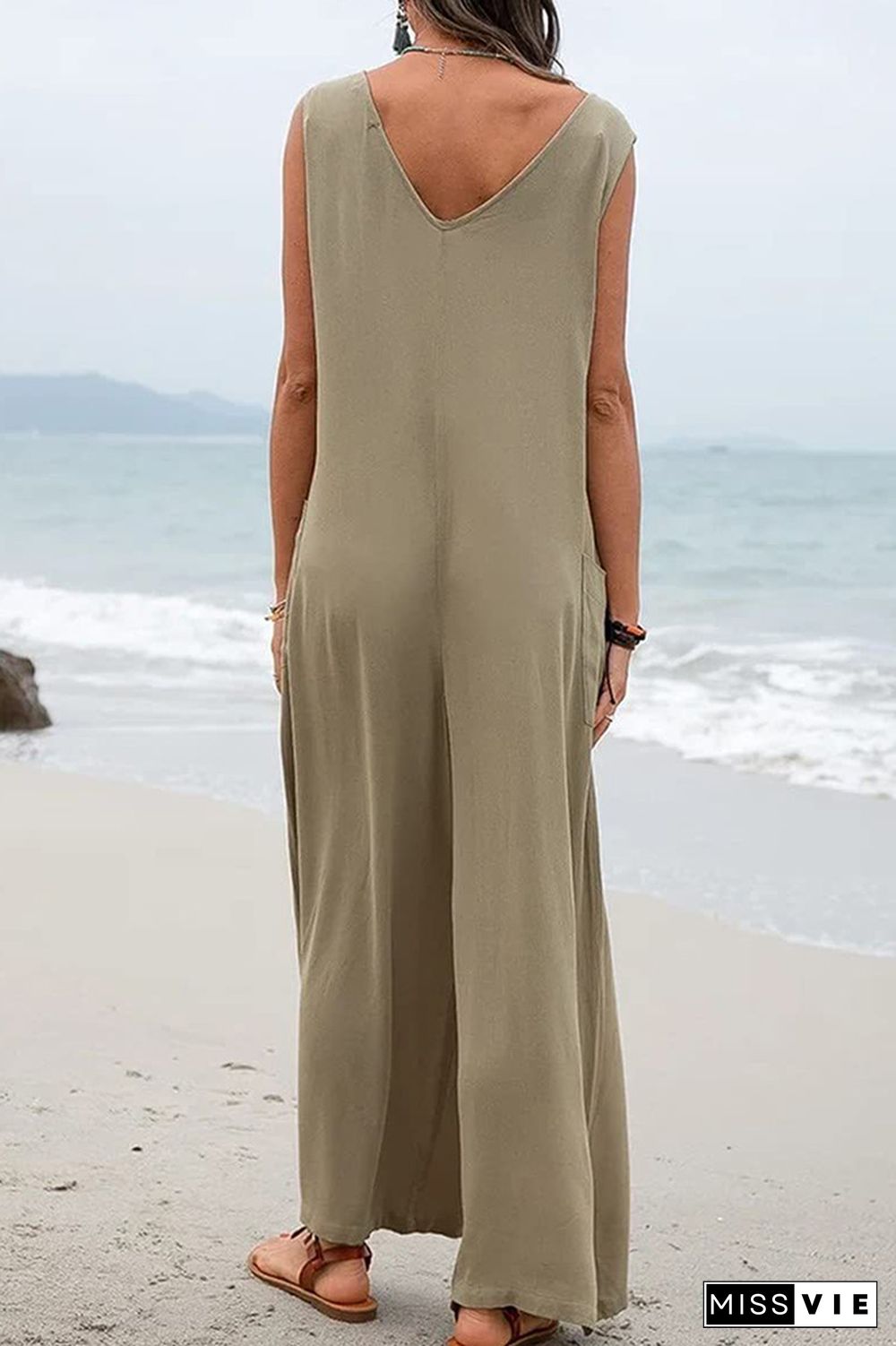 Plain V Neck Pockets Sleeveless Jumpsuit