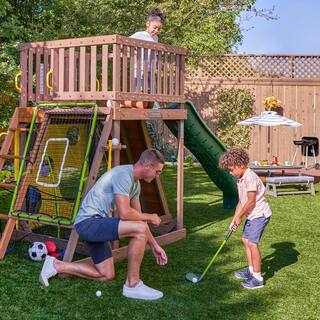 KidKraft All-in-One Sports Adventure Wooden Outdoor Playset with Rock Wall Basketball Goal and Sports Equipment F29335HD