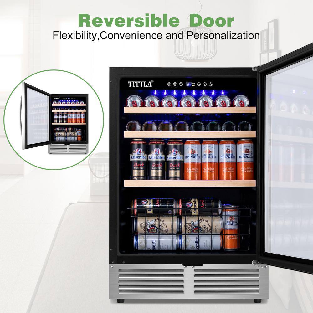 TITTLA 23.47 in. Single Zone 150-Cans Beverage Cooler in Silver Garage Ready Childproof Lock Reversible Door Hinge Blue LEDs KMBR150