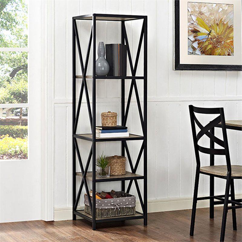 4 Shelf Metal and Wood Bookcase in Driftwood