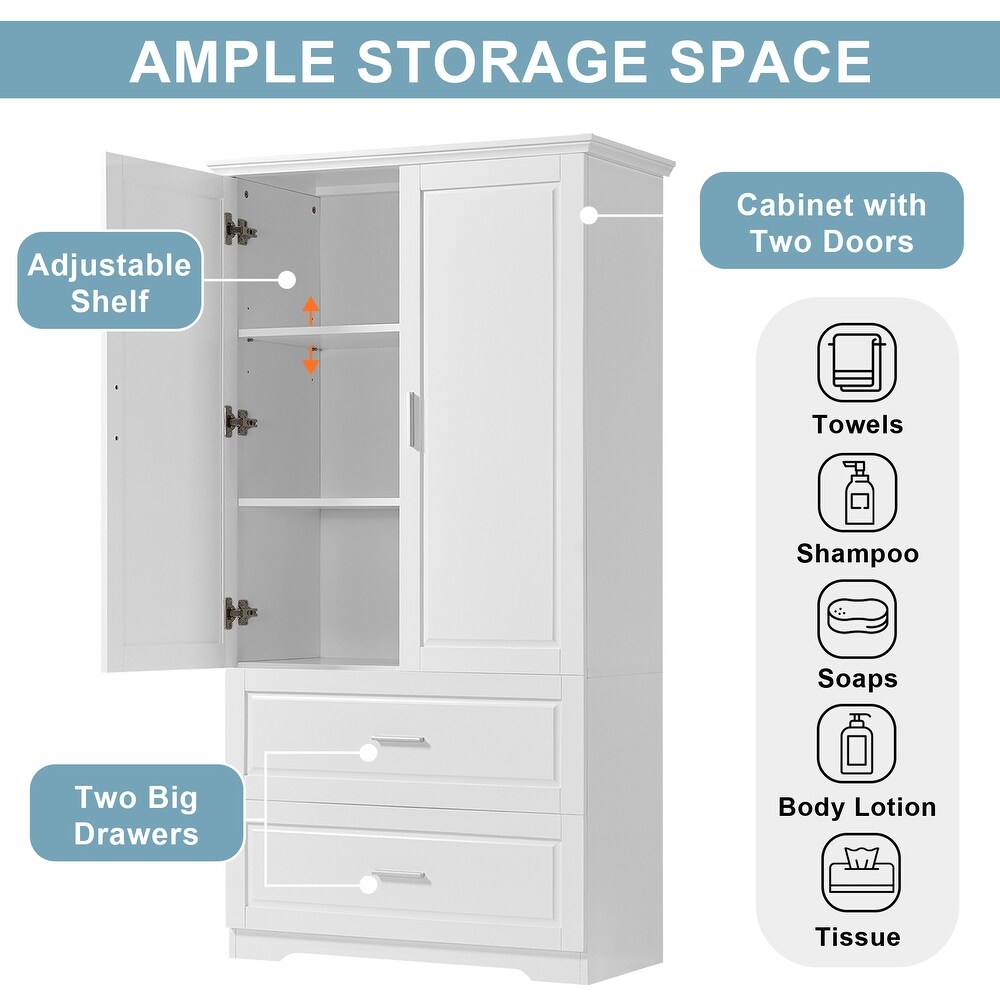 Tall Bathroom Storage Cabinet Double Door Cabinet w/ Adjustable Shelf Kitchen Pantry Cabinet Cupboard Wardrobe w/ Drawers  White