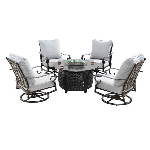 Round Outdoor Aluminum Fire Table amp Four Swivel Rocking Chairs amp Wind Blocker Lid Oakland Living