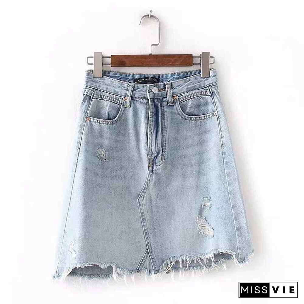 Vintage Washed Distressed Notched Light Denim Mini Skirt