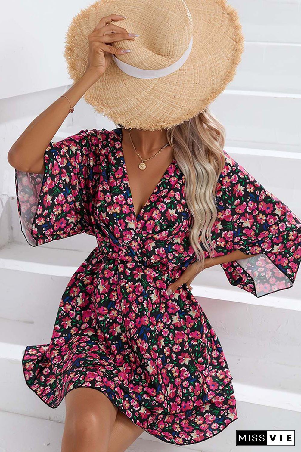 V Neck Drawstring Floral Dress