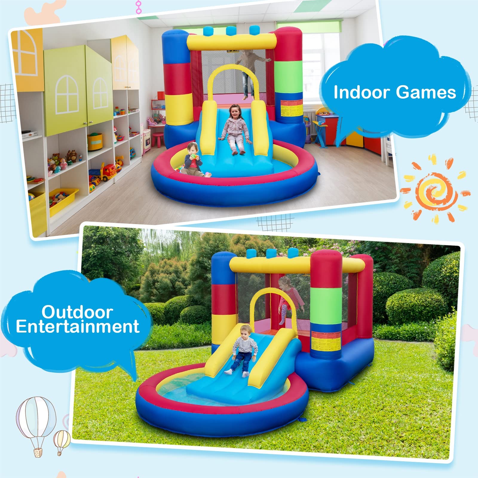 Costzon Inflatable Bounce House with Ball Pit, Bouncy House for Kids 5-12 Indoor Outdoor Party Family with 480w Blower