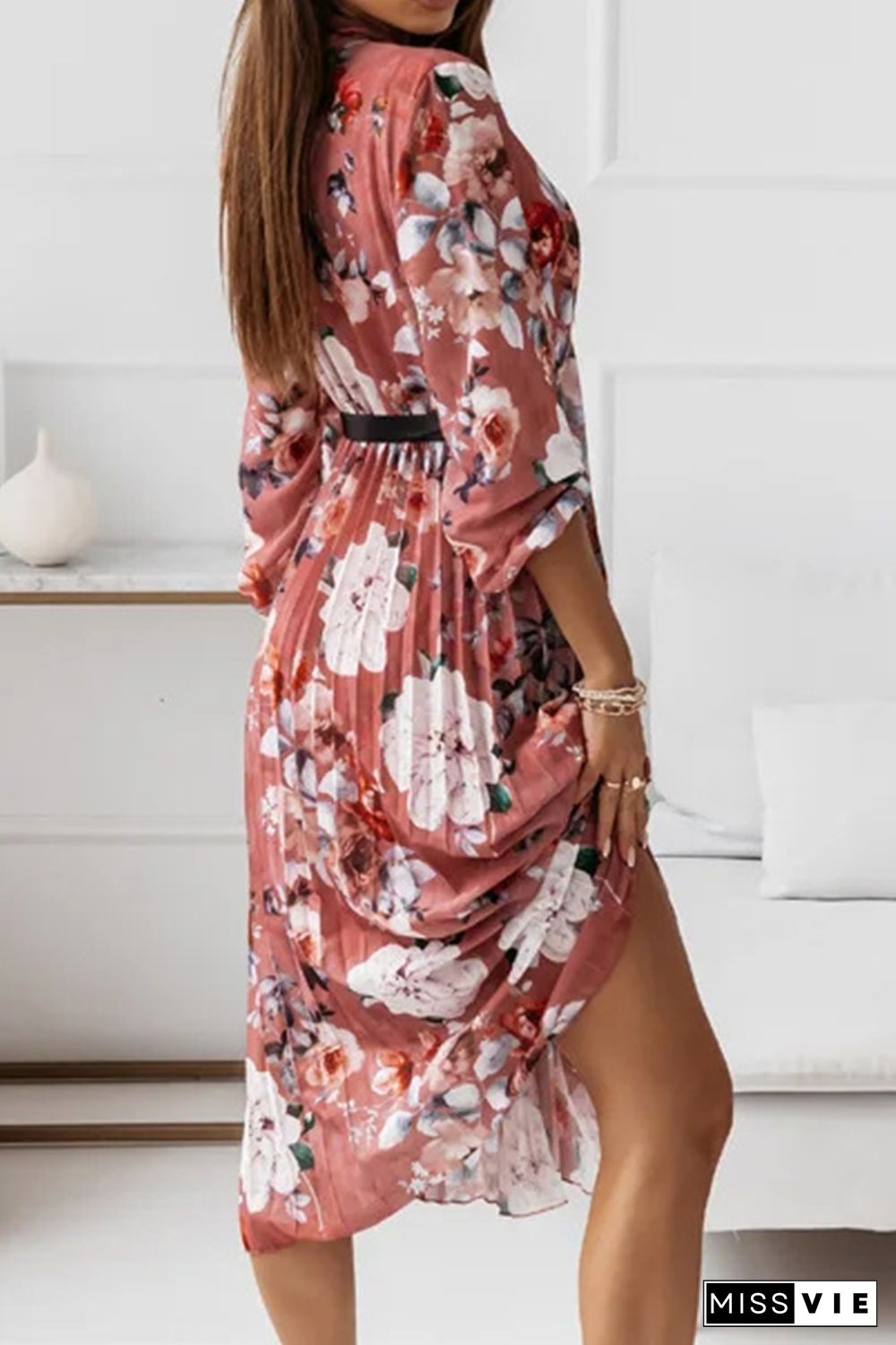 Floral Fold With Belt Ribbon Collar Pleated Dresses