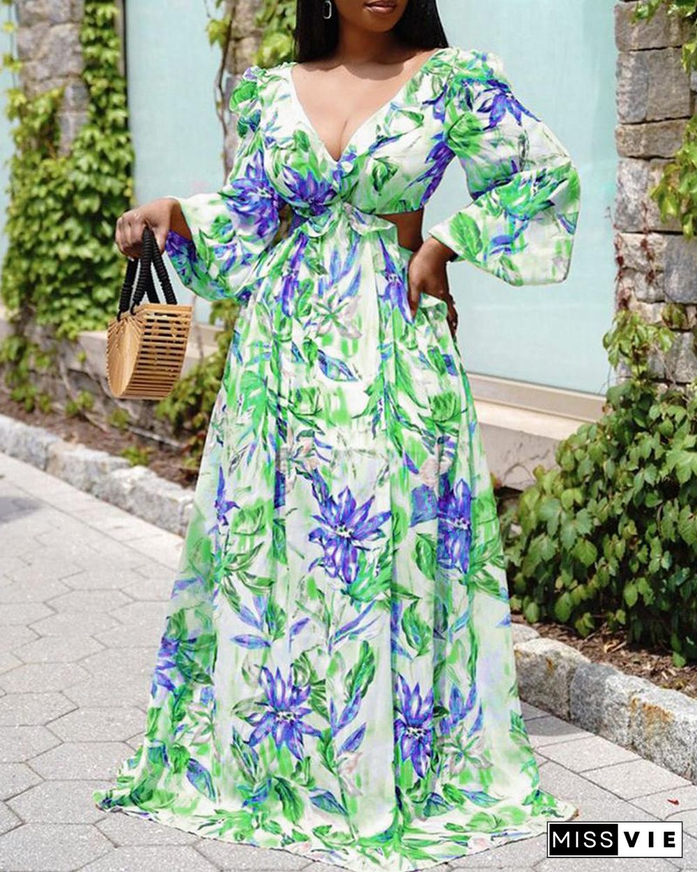 Leaf Floral Print Puff Lantern Sleeve Maxi Dress