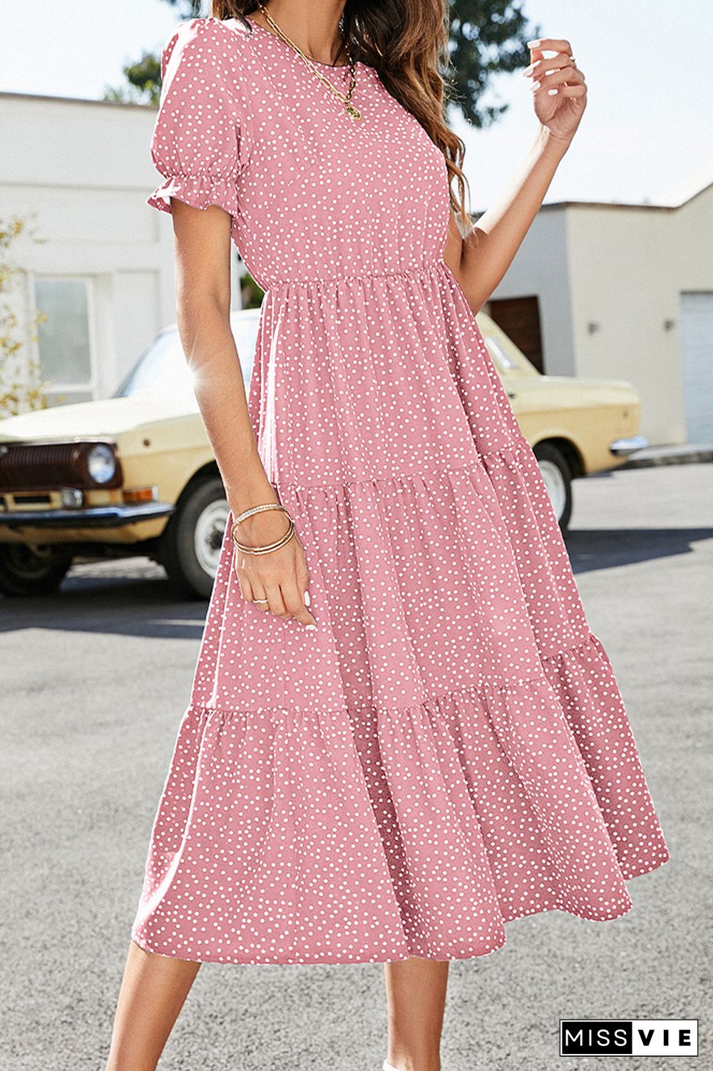 Polkadot Print Puff Sleeve Long Dress Wholesale