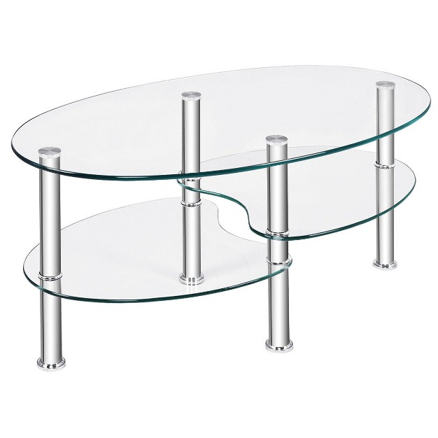 Costway Tempered Glass Oval Side Coffee Table Shelf Chrome Base Living Room Clear