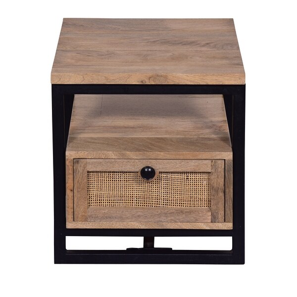 18 Inch Nightstand End Table， 1 Drawer， Open Storage， Natural Brown Mango Wood with a Rectangular Black Iron Frame