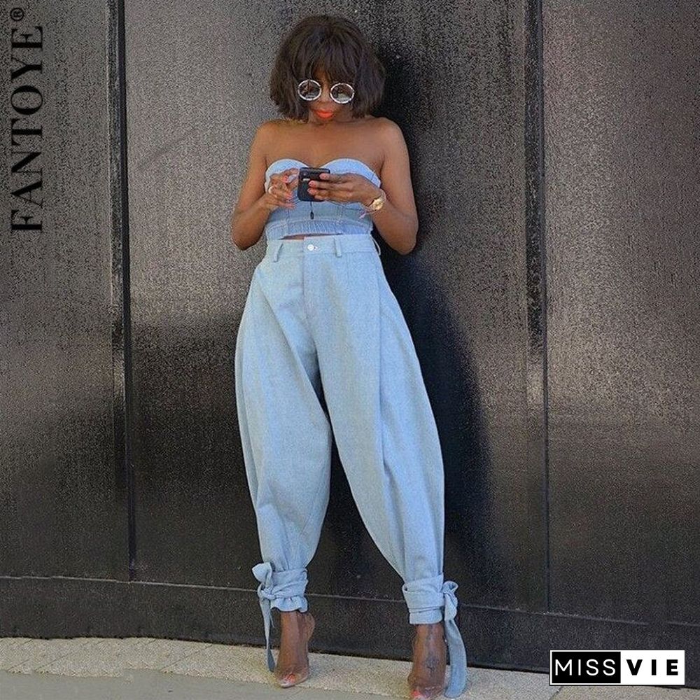 Fantoye Women Casual Wide Leg Bandage Jeans Autumn Fashion High Waist Loose Trousers Light Blue Plus Size Pants Streetwear Hot