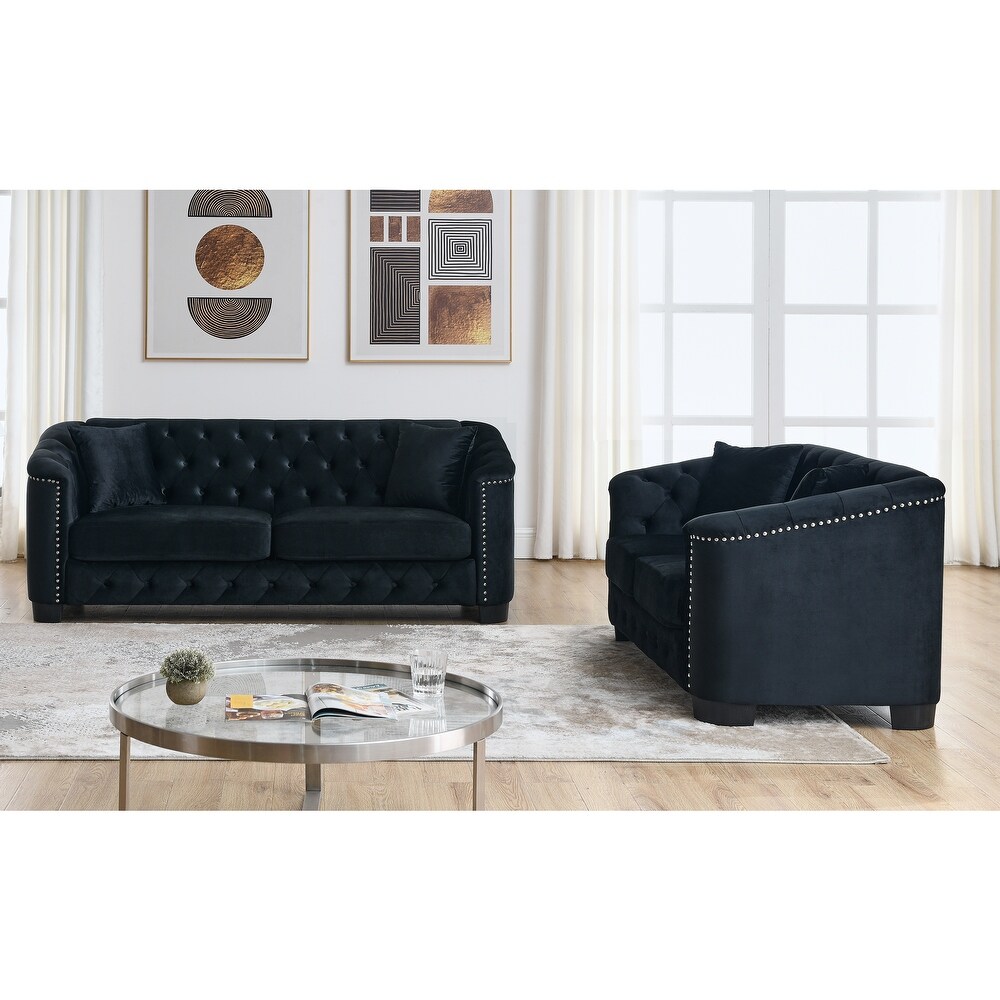 Black Modern Velvet Sofa Set with Nailhead Trim and Buttons (Includes Pillows  3 Seater + Loveseat)