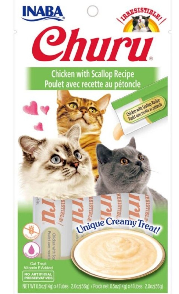 Inaba Churu Grain Free Chicken W/ Scallop Puree Lickable Cat Treat 0.5oz 4 Pack