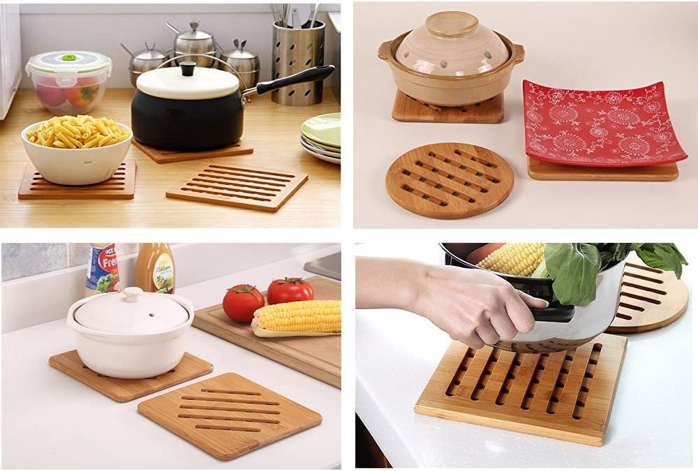 Natural Bamboo Trivet Mat Set， Kitchen Wood Hot Pads Trivet， Heat Resistant Pads for Hot Dishes/Pot/Bowl/Teapot/Hot Pot Holders， Anti-Hot Non-Slip Durable，Square and Round (Pack of 4)