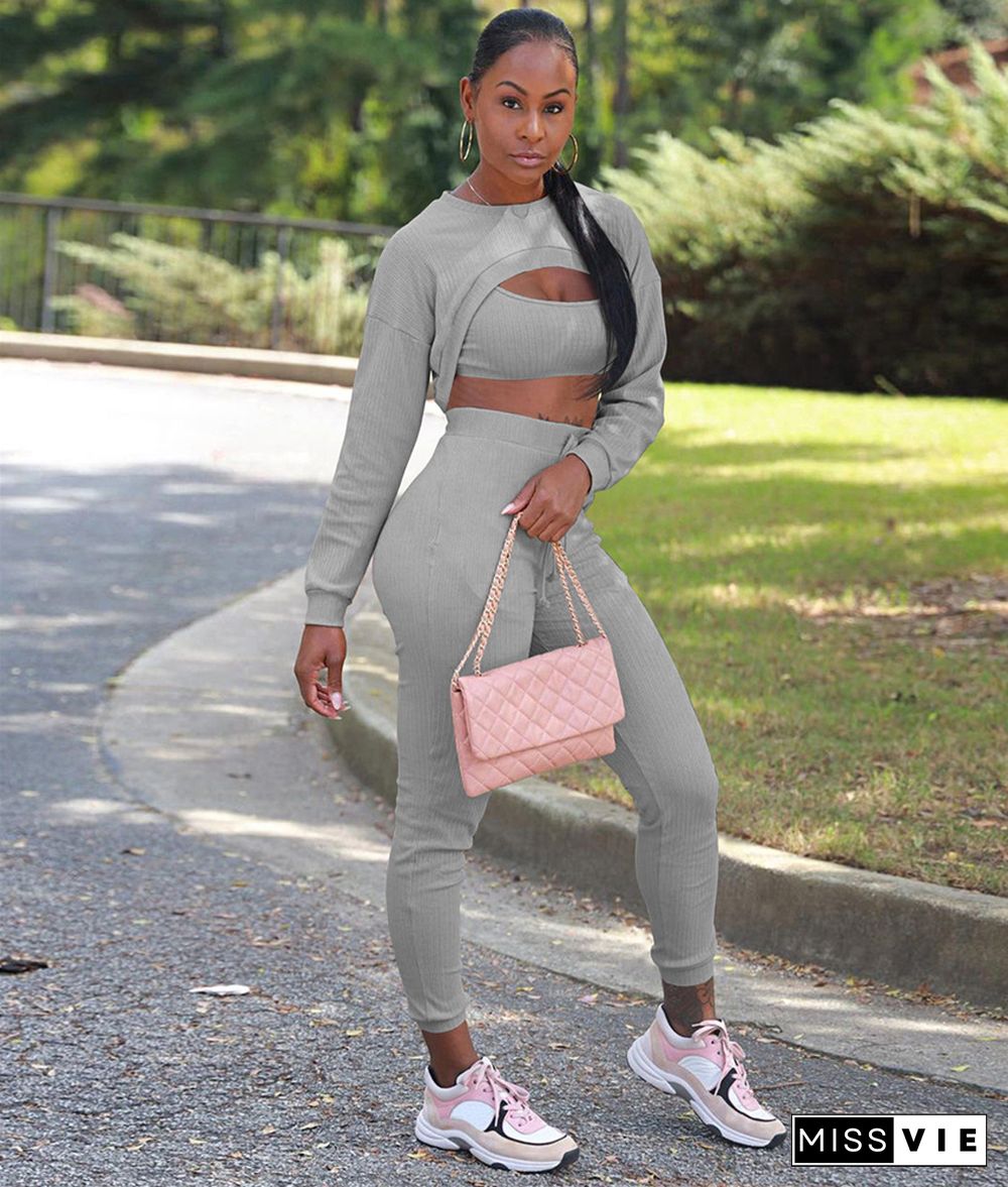 Long Sleeve Crop Top And Pants 3 Piece Sweatsuits