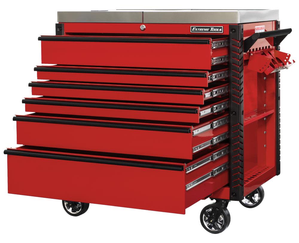 41 6 Drawer Stainless Steel Sliding Top Deluxe Tool Cart with Bumpers， Red with Black Drawer Pulls