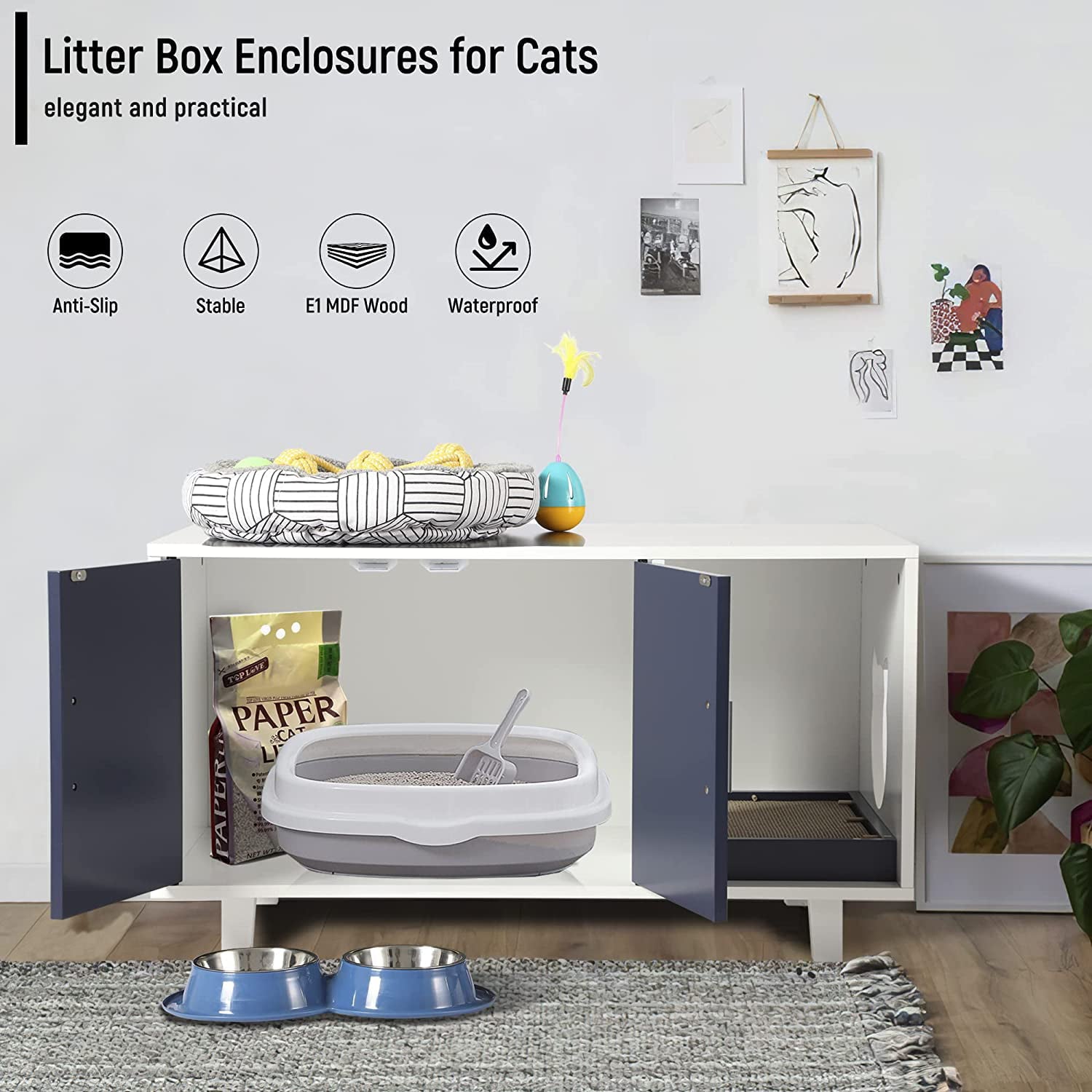 KIGOTYCat Litter Box Enclosure， Cat Litter Box Furniture Hidden Cat Washroom Furniture House Table Nightstand with Cat Scratch Pad，， White Blue