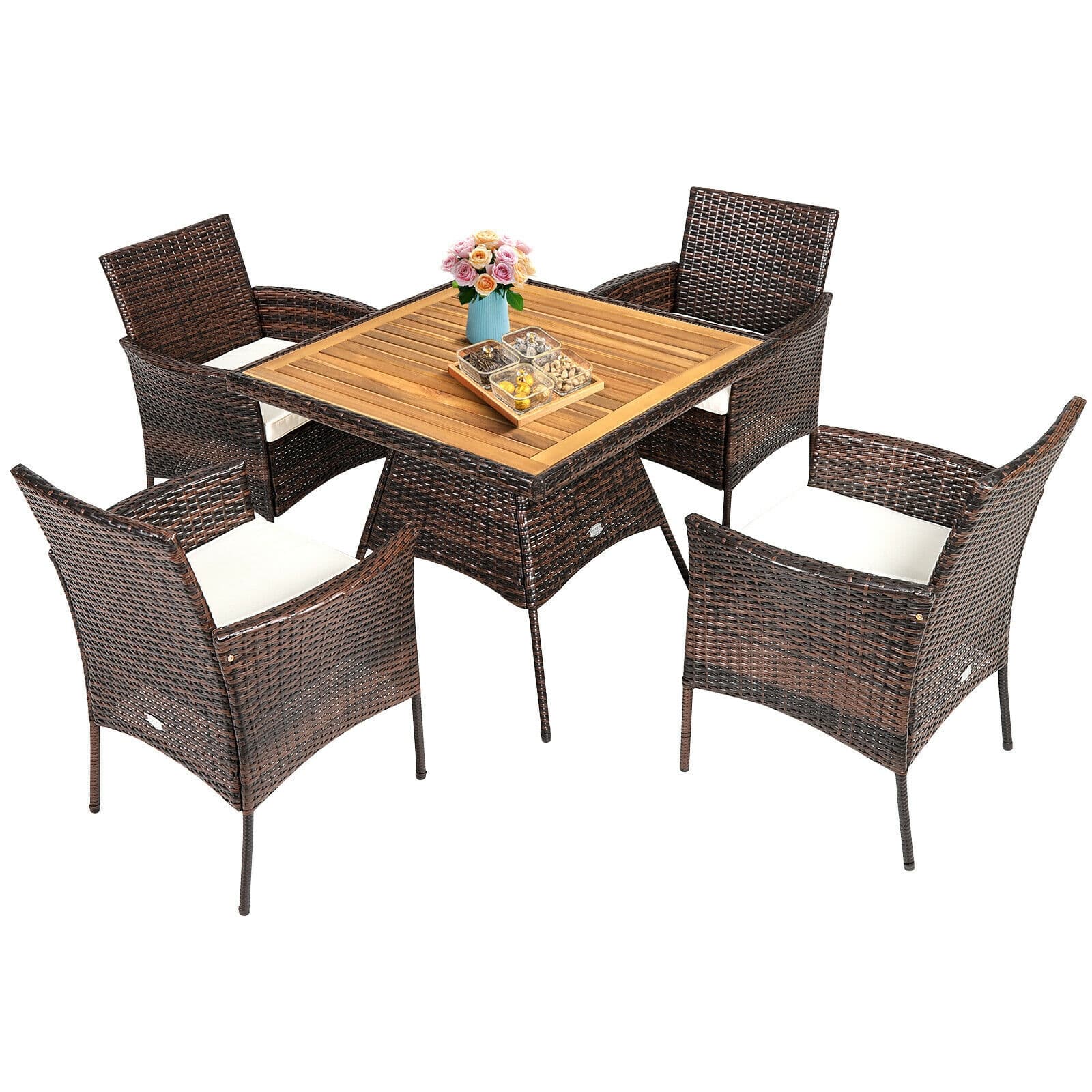 5 Pcs Rattan Patio Dining Table Set with Umbrella Hole, Acacia Wood Tabletop & 4 Cushioned Armchairs