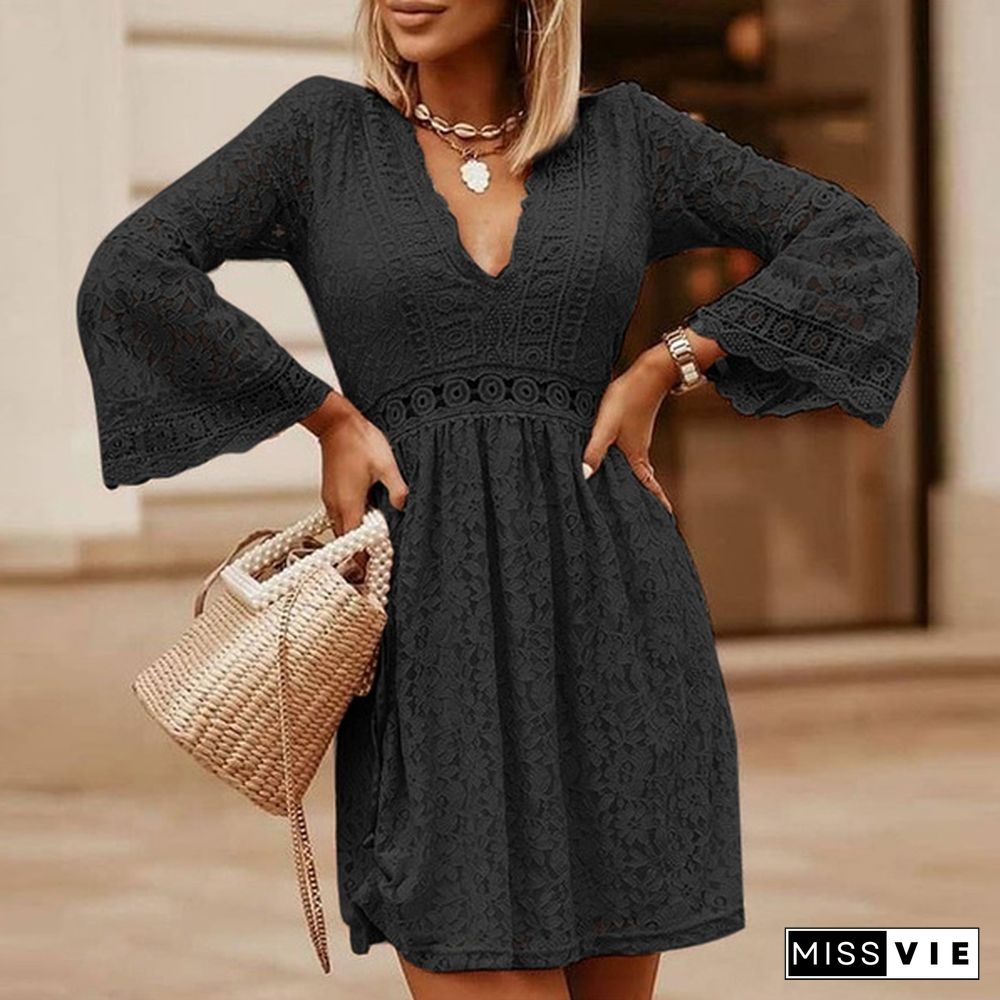 Elegant Lady Mini Dress Women Lace Stitching Flare Long Sleeve V-neck Party Casual A-line Tunic Dress Plus Size