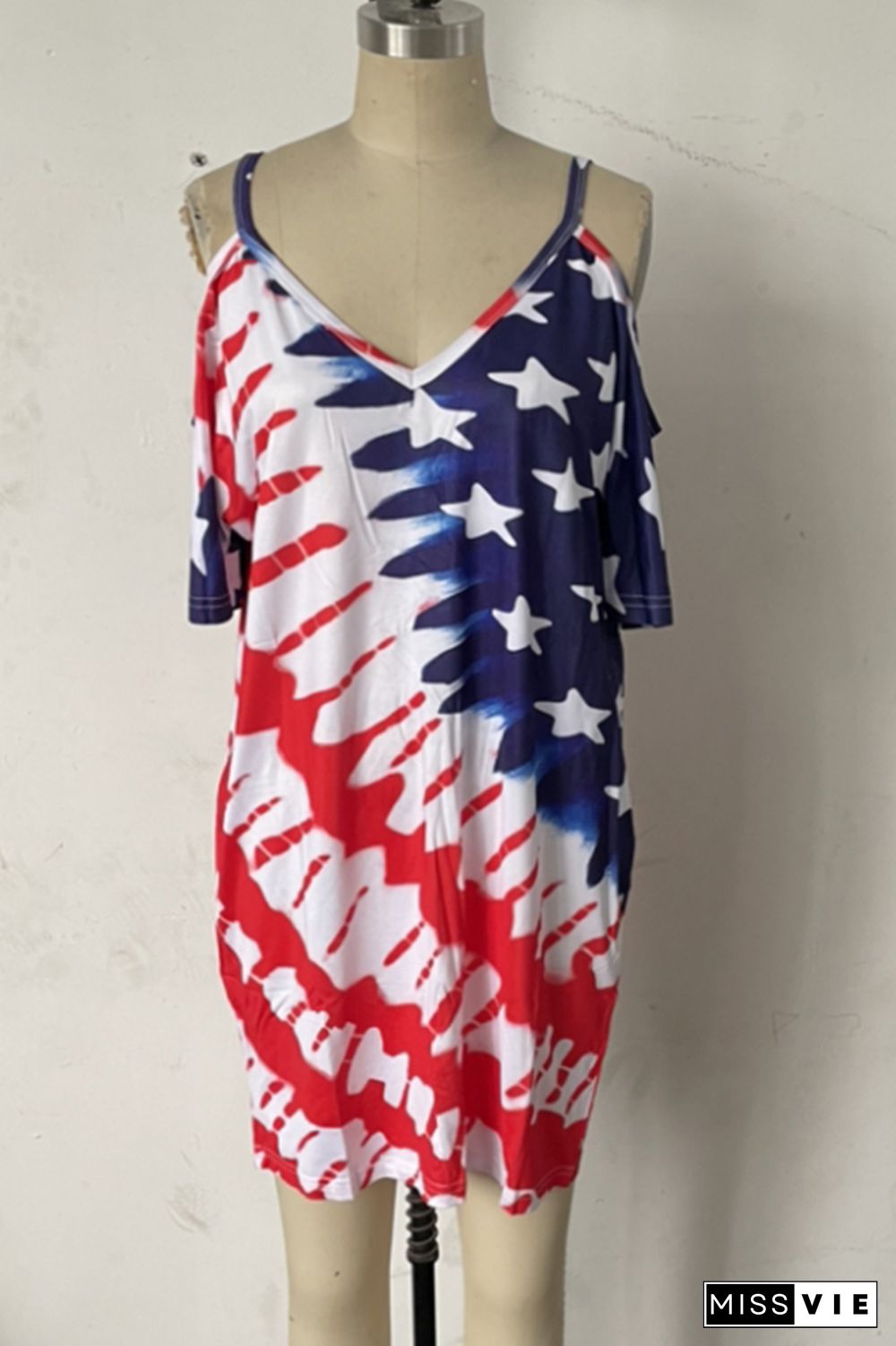 Independence Day Print Short Sleeves Dress Wholesale