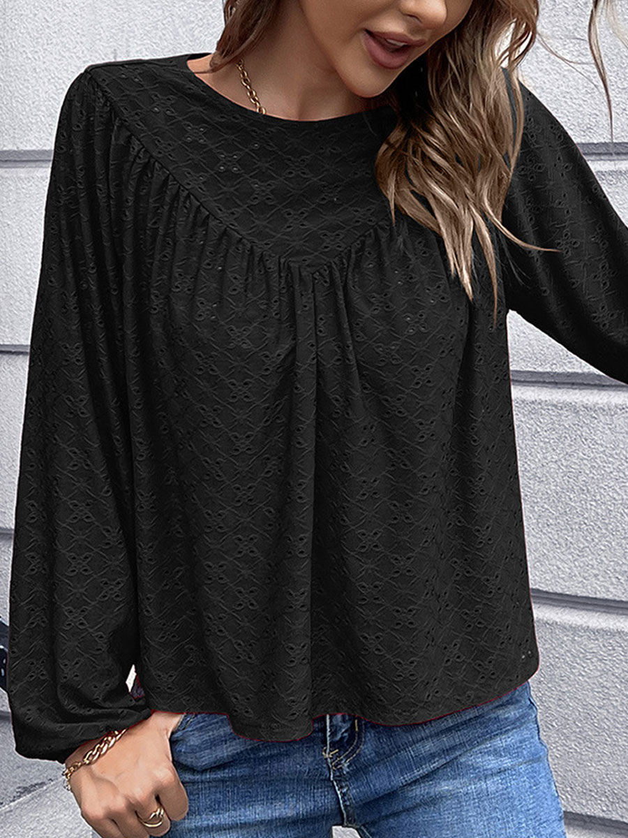 Round Neck Casual Loose Hollow Embroidered Long Sleeve Blouse