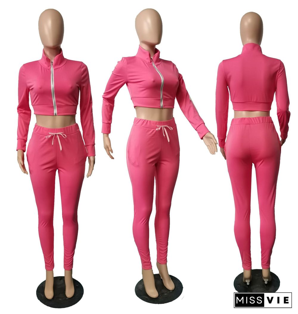 Zipper Stand Collar Long Sleeve Crop Top Pants Set