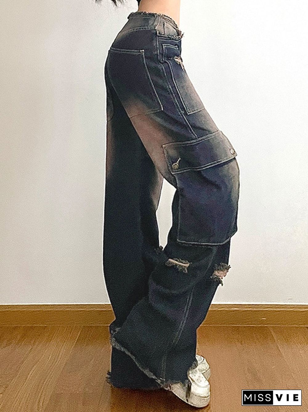 Asymmetric Pocket Distressed Ripped Burr Cargo Jeans