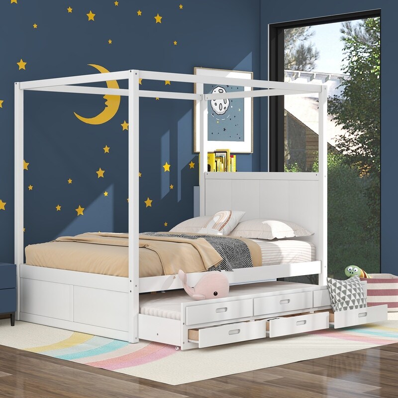 Queen Size Canopy Platform Bed with Twin Size Trundle and 3 Drawers