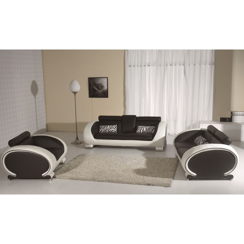 White and Black Modern Contemporary Real Leather Configurable Living Room Furniture Set with Sofa  Loveseat and Chair