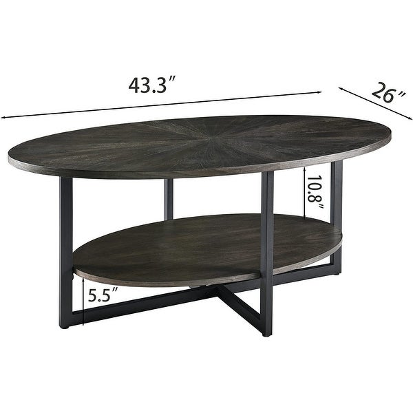 Solid Wood Oval Coffee Table with Cross Metal Legs