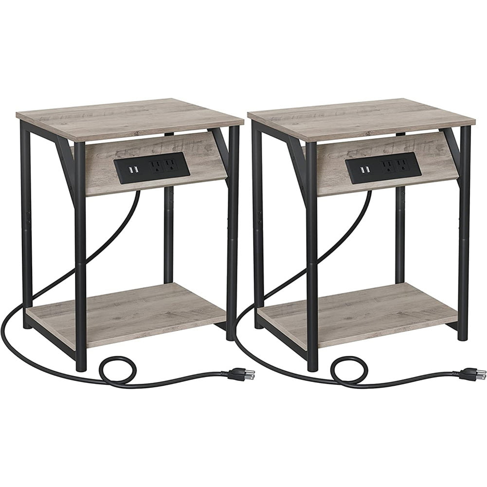 Side Tables With Charging Station, Set Of 2 End Tables With Usb Ports And Outlets, Nightstands For Living Room, Bedroom, Plug-In Series, Greige And Black Ulet372B02