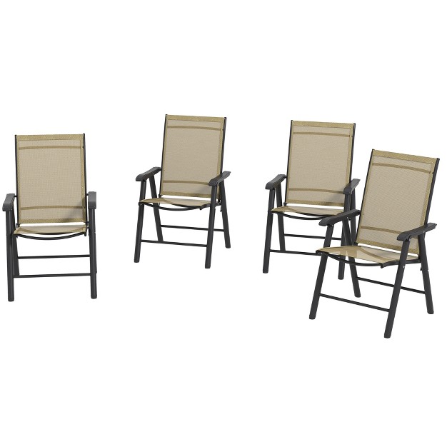 Outsunny Set Of 4 Patio Folding Chairs Stackable Outdoor Sling Chairs With Armrests For Lawn Camping Dining Beach Metal Frame Light Brown