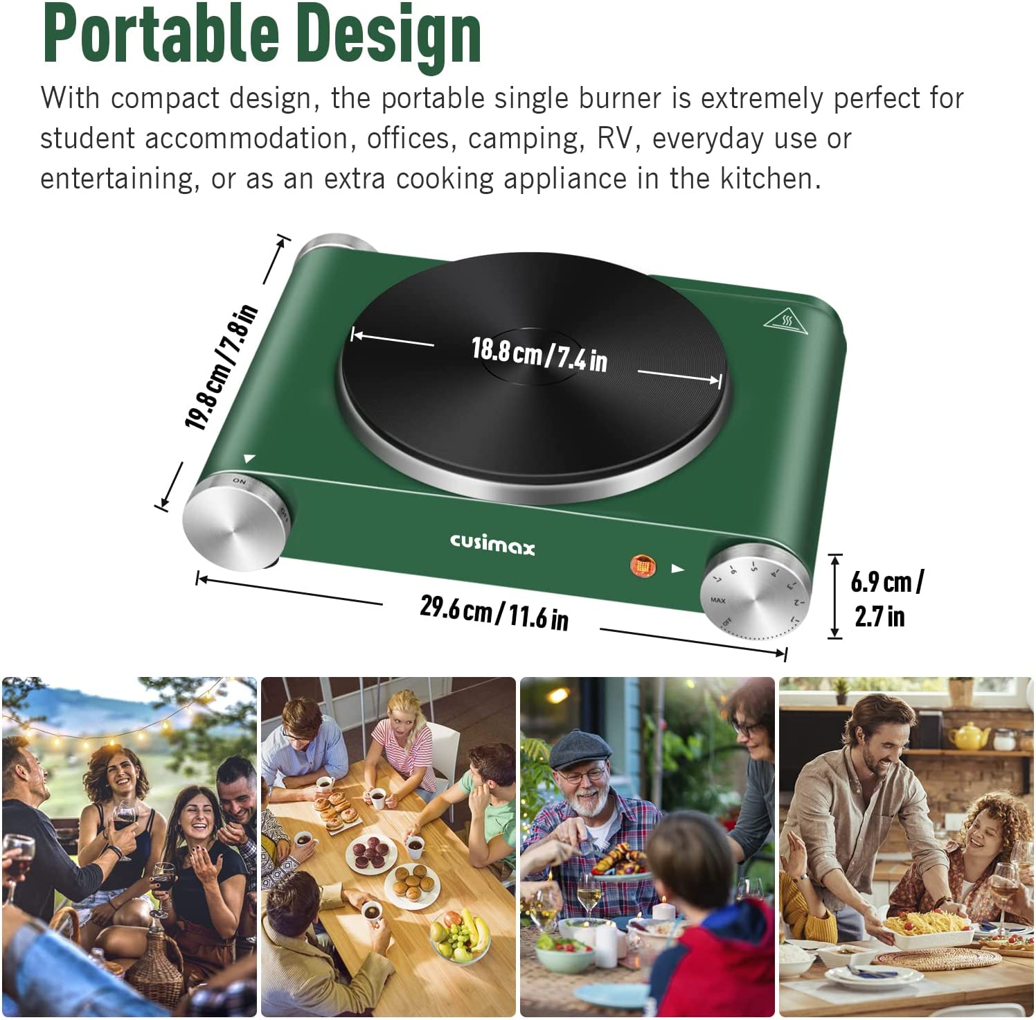 Cusimax Hot Plate Electric Burner， Single Burner Cast Iron hot plates， Portable Burner， Control Stainless Steel Non-Slip， Upgraded Version (Green)