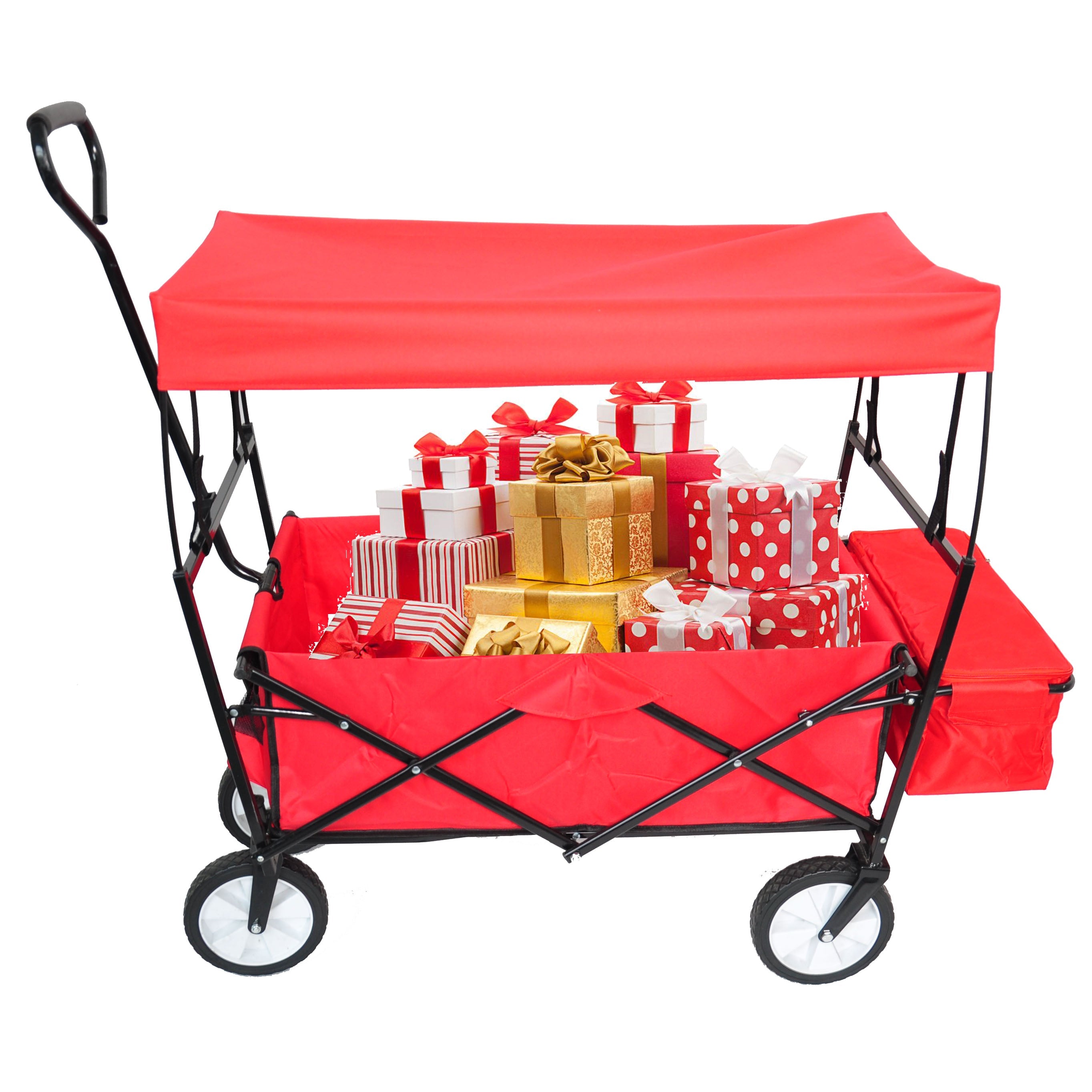 TOPCHANCES Collapsible Wagon Camping Garden Cart with Removable Canopy, Folding Wagon with Adjustable Push Handles for Shopping, Picnic, Beach, Camping, Sports (Red)