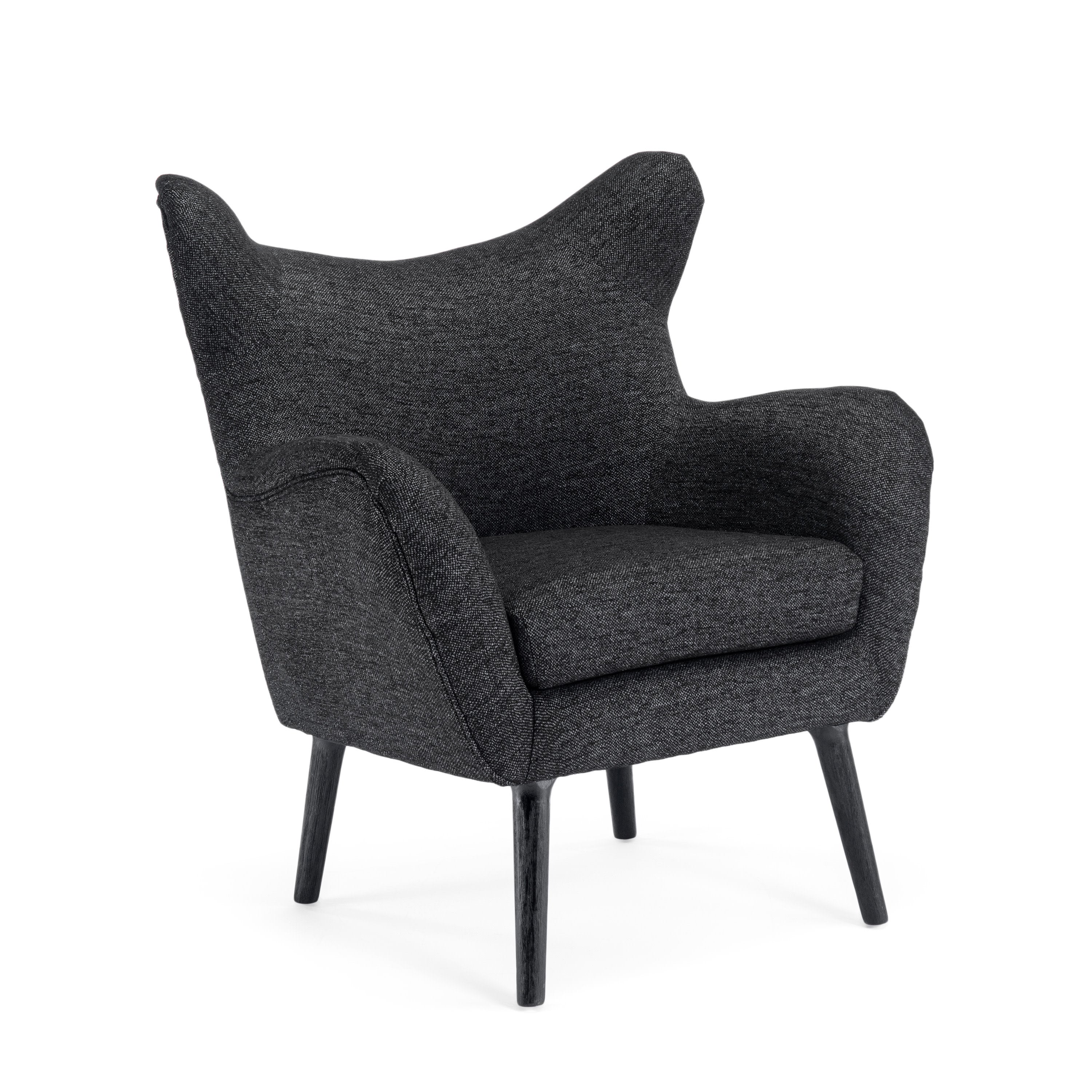 Eastdale Mid Century Modern Upholstered Wingback Club Chair, Black Textured Tweed and Black