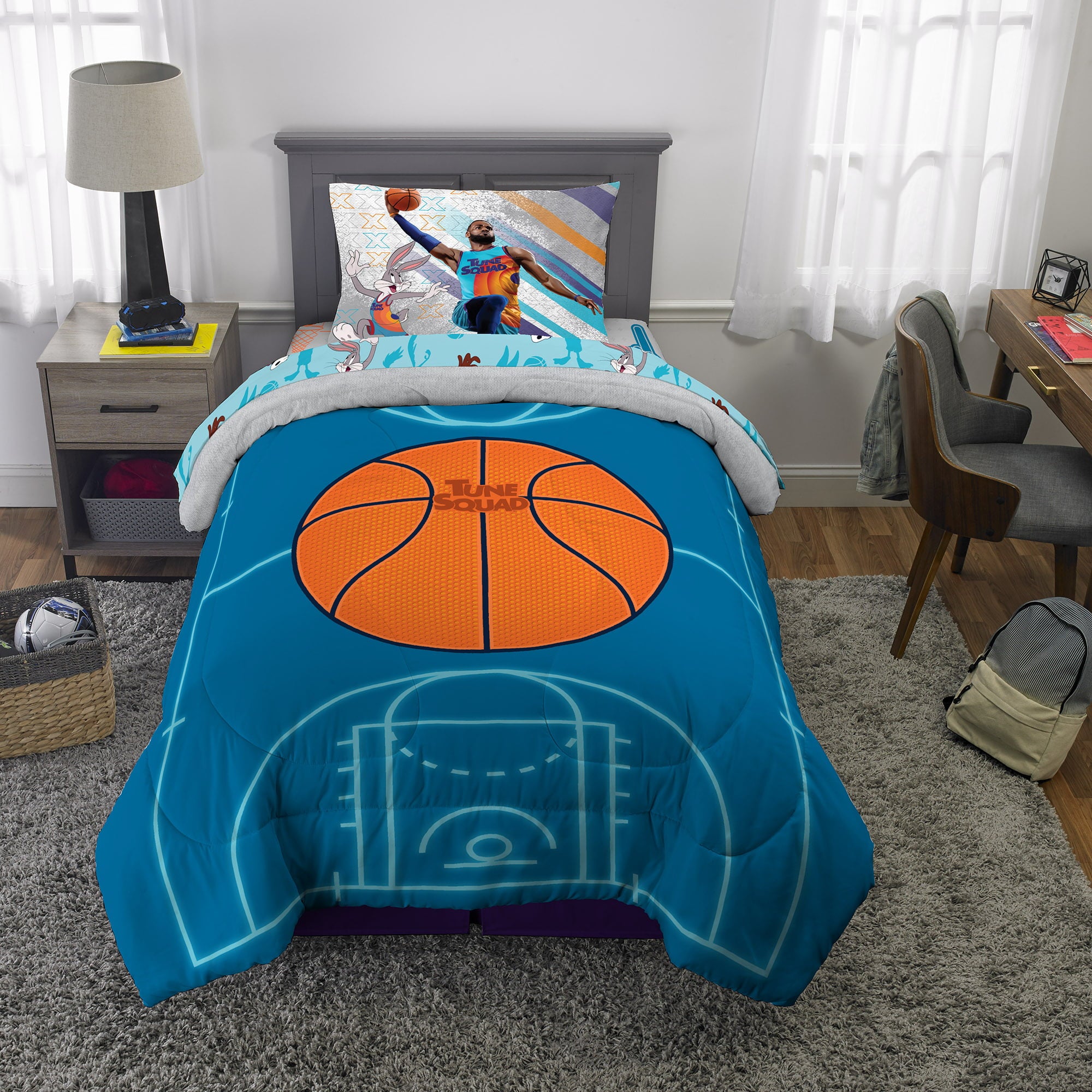 Space Jam Kids Comforter and Sham， 2-Piece Set， Twin/Full， Reversible， Blue， Warner Bros