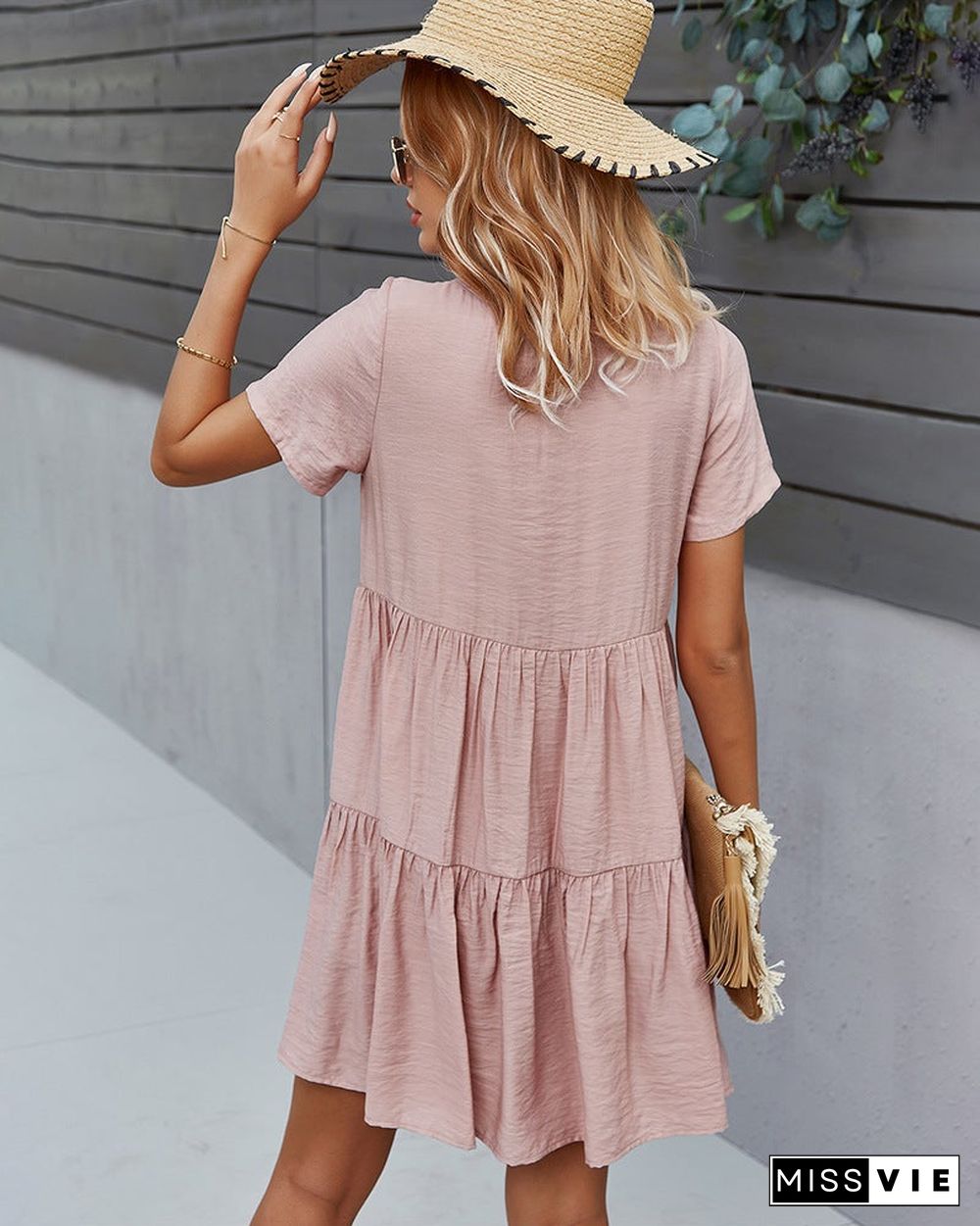 Women's Solid Color Dress Spring and Summer Short Sleeve Cotton Skirt