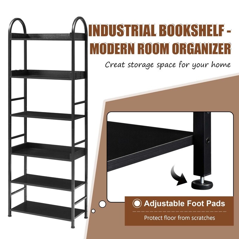 70.8 Inch Tall Bookshelf  6 tier Shelves with Round Top Frame