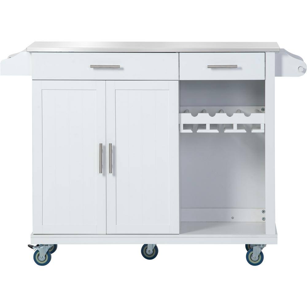 Modern White Stainless Steel Top 51 in. Kitchen Island on Wheels with 2-Drawers Racks and Storage Cabinet ZY-WF295114AAW