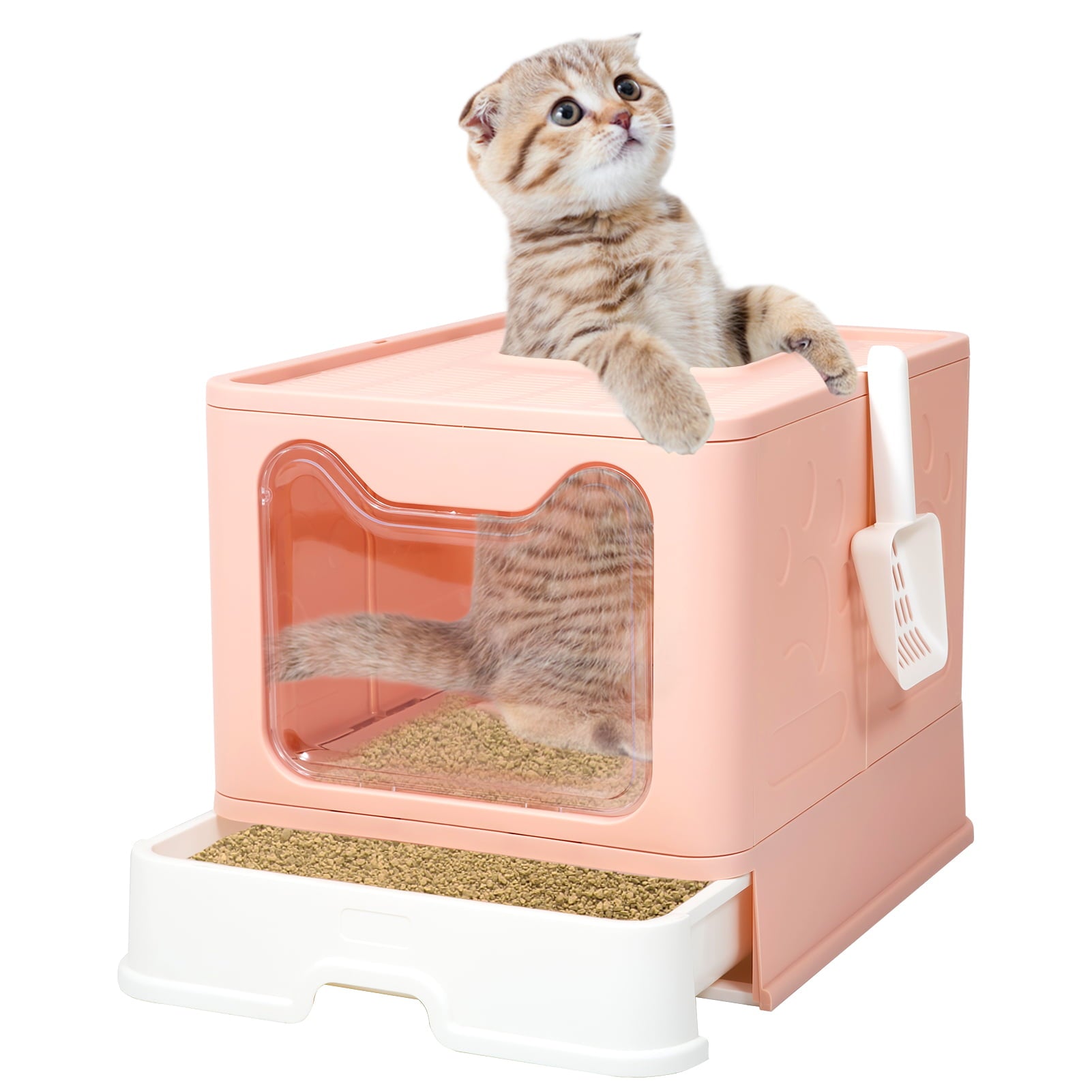 WiseWater Large Foldable Cat Litter Box with Lid， Top Entry Kitty Litter Box with Pet Plastic Scoop， Pink