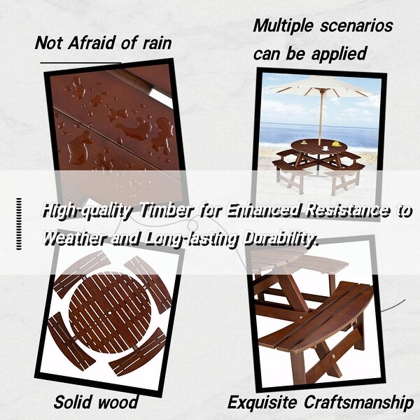 Outdoor 8 Person Round Picnic Table with Bench，Umbrella Hole for Garden，Backyard，Porch，Patio