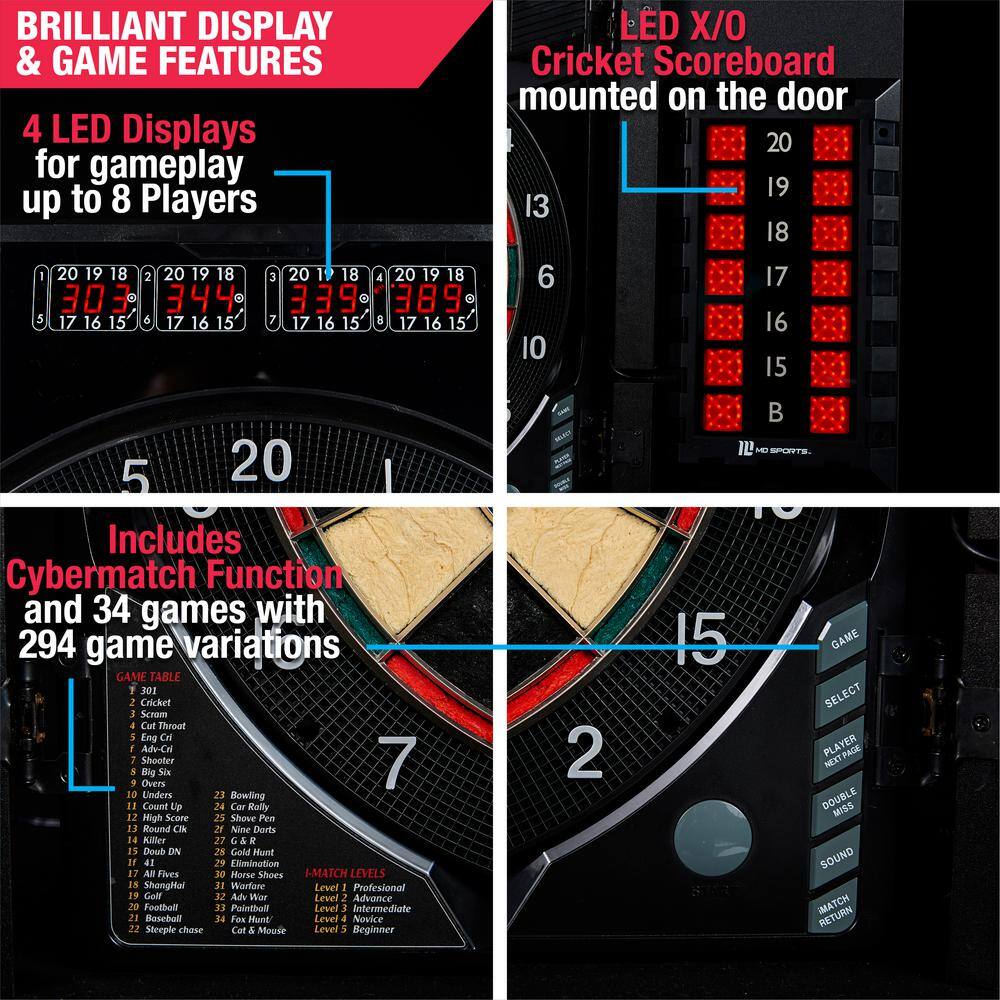 MD Sports BristleSmart Dartboard with Cabinet - Accepts steel tip darts with electronic scoring and 294 games DB300Y19002