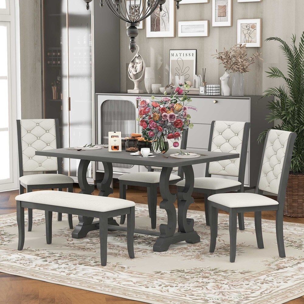 Unique designed 6 Piece Dining Table Sets  Retro Wood Grain Dining Table with Four Linen Upholstered Dining Chairs and Bench