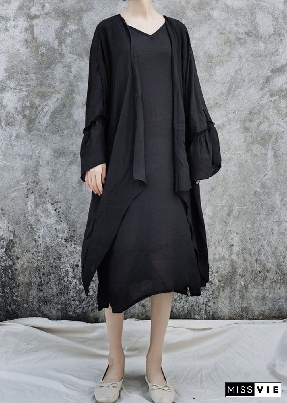 Women Black Linen Loose Cardigan And Spaghetti Strap Dress Two Pieces Set flare sleeve