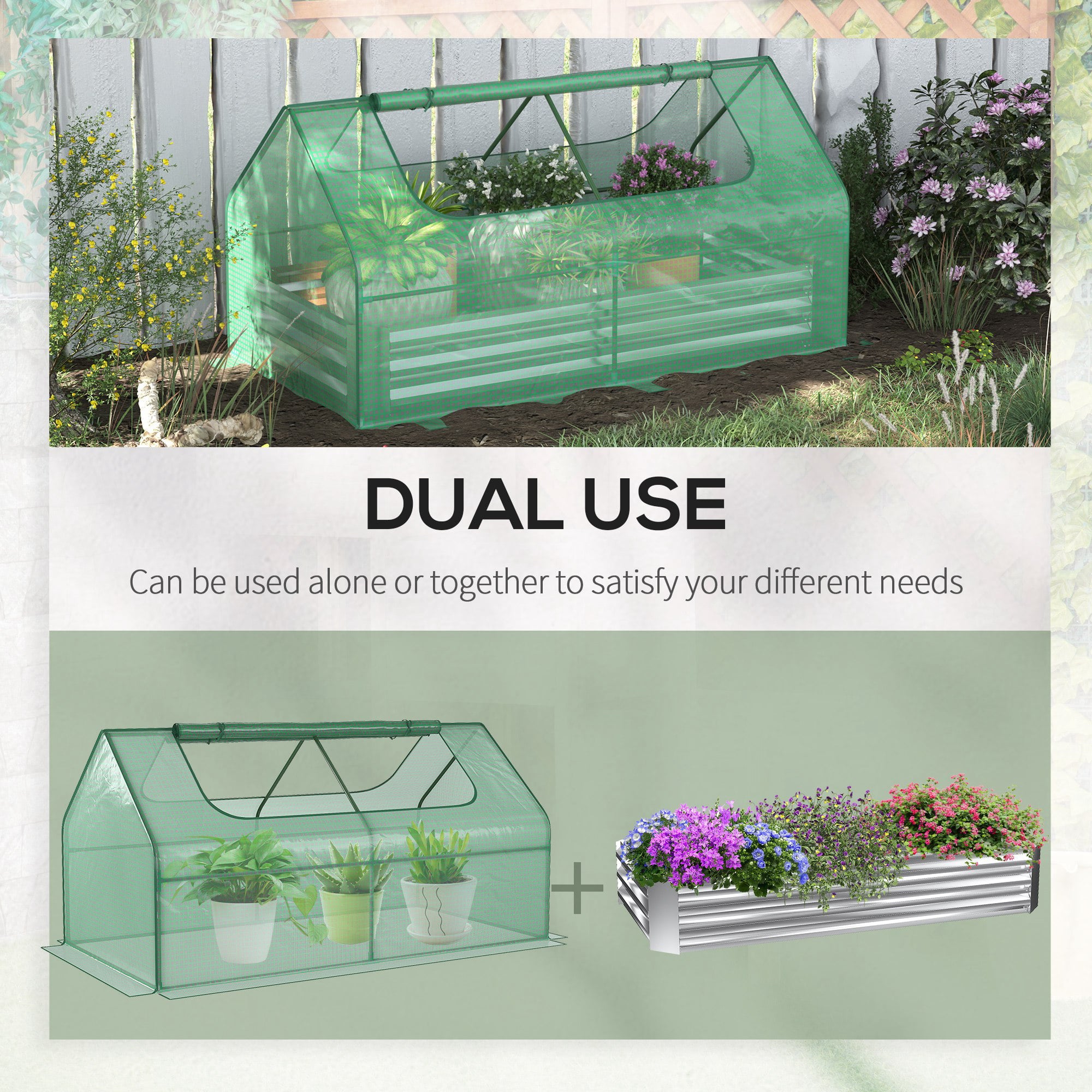 Outsunny Galvanized Raised Garden Bed with Mini Greenhouse Cover, Outdoor Metal Planter Box with 2 Roll-Up Windows for Growing Flowers, Fruits, Vegetables, and Herbs, 73