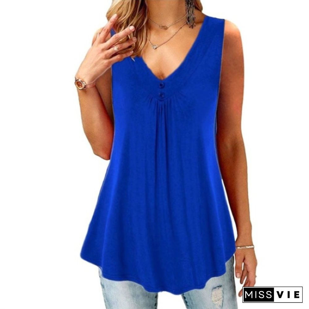 Summer Women's Solid V-Neck Pleated Button Sleeveless Loose Tank Top Ladies Casual Blouses Female Sexy Clothing Home Street Wear