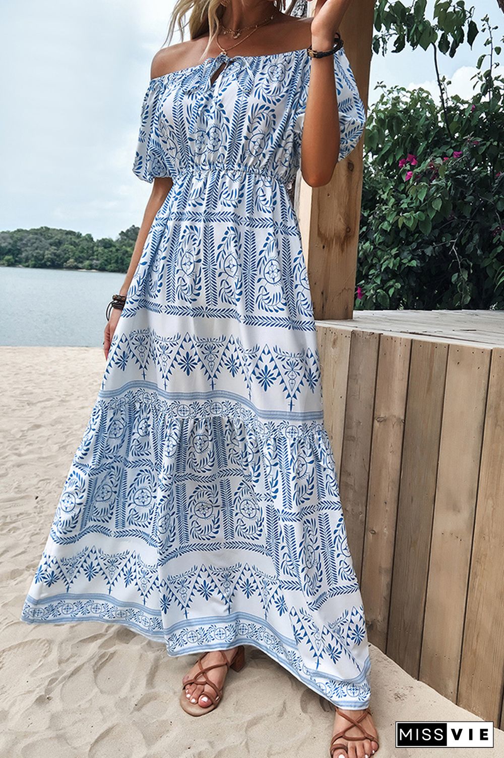 Off Shoulder Print Loose Maxi Dress Wholesale