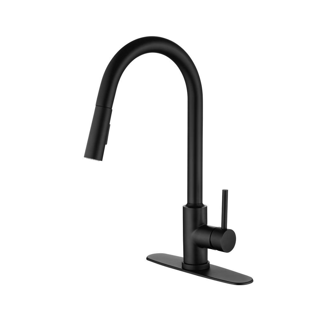 Mondawe Single Handle Kitchen Faucet High Arc Gooseneck with Pull Down Sprayer in Matte Black MO-DT89001MB